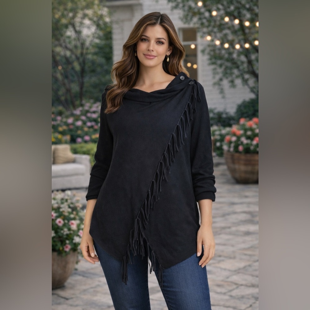 THE LIMITED Size Large Black Draped Collar Fringe Cardigan Sweater